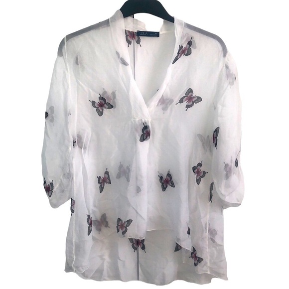 Lola Made in Italy White Butterfly Print Sheer Blouse Size Medium - Picture 7 of 16